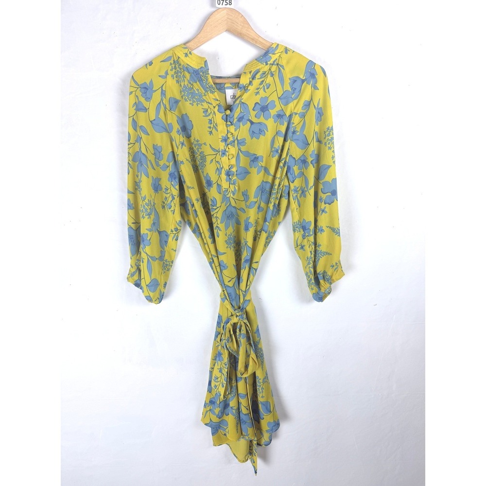 2/$30 Cabi Yellow Blue Floral V-Neck Self Tie Belt Mini Dress Medium